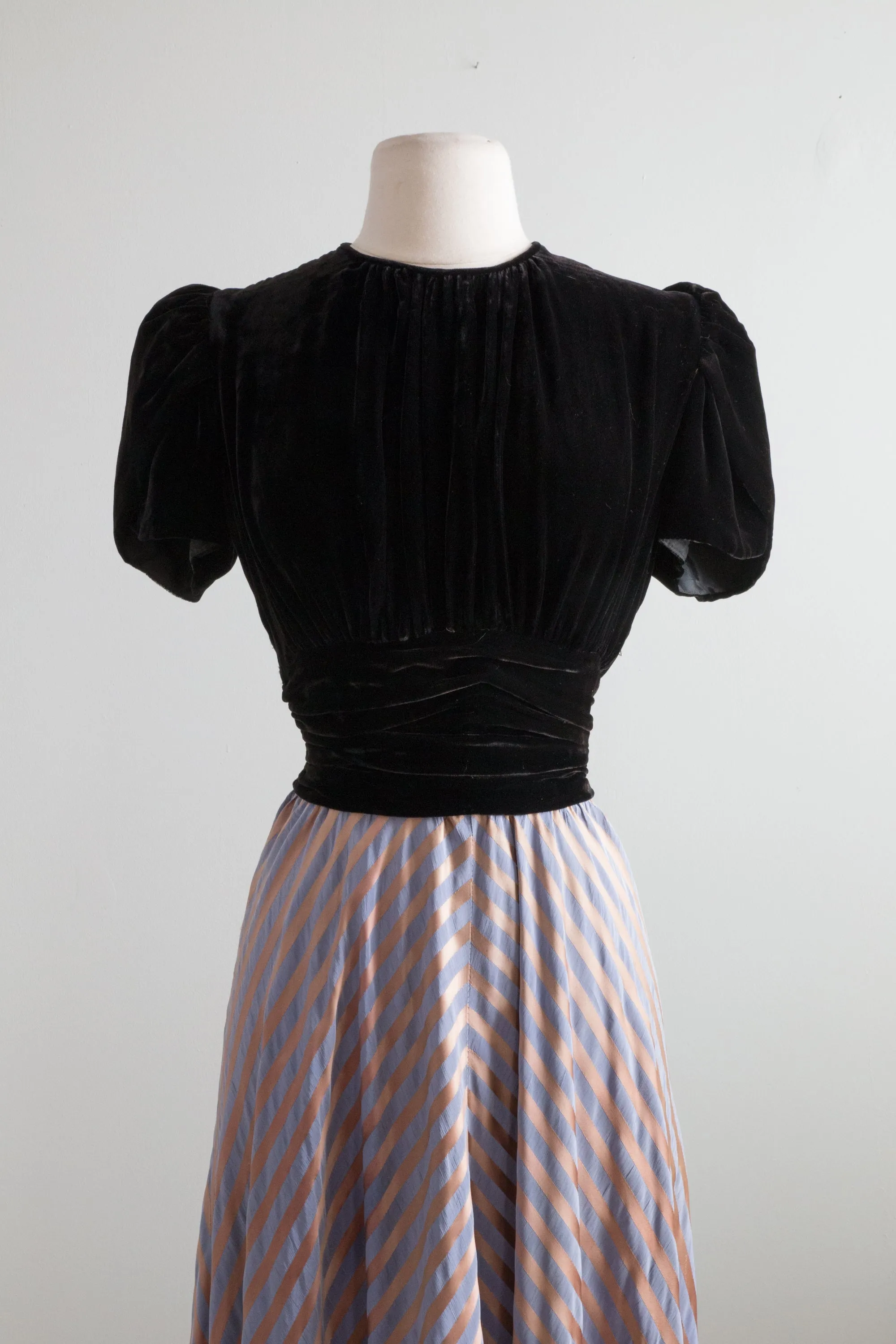 1930's Sugar Plum Satin Striped Evening Gown With Velvet Top / Small