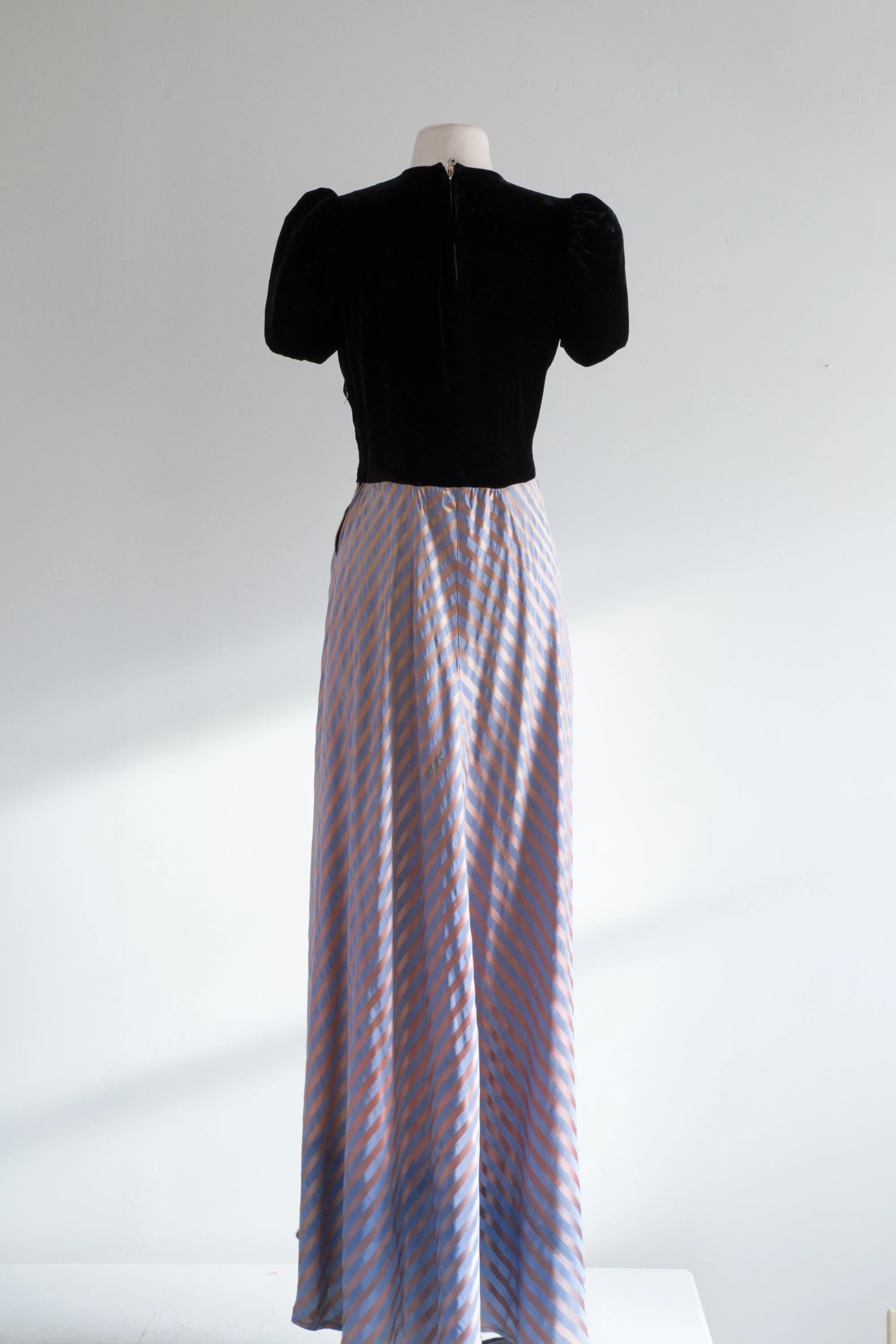 1930's Sugar Plum Satin Striped Evening Gown With Velvet Top / Small