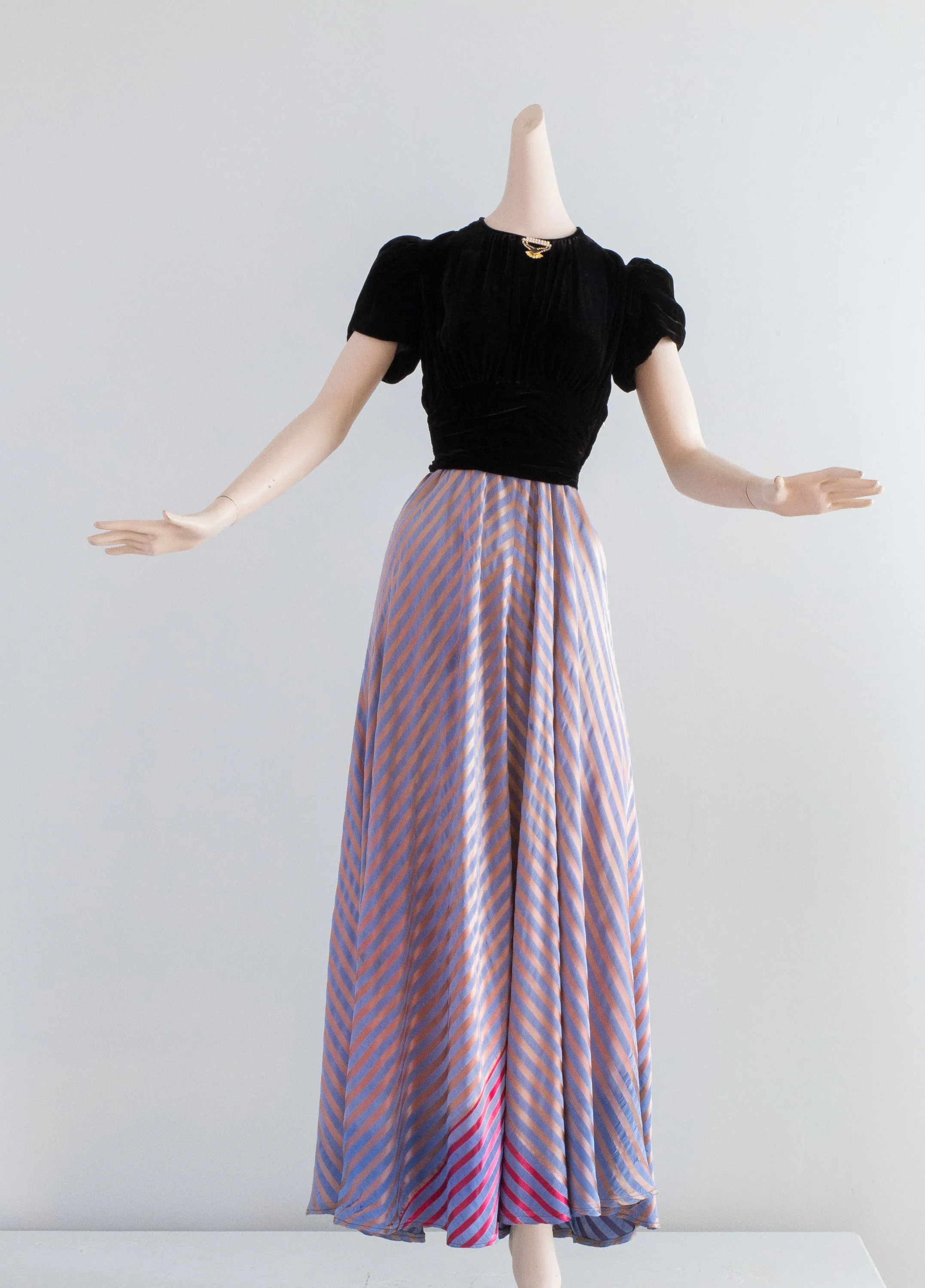 1930's Sugar Plum Satin Striped Evening Gown With Velvet Top / Small