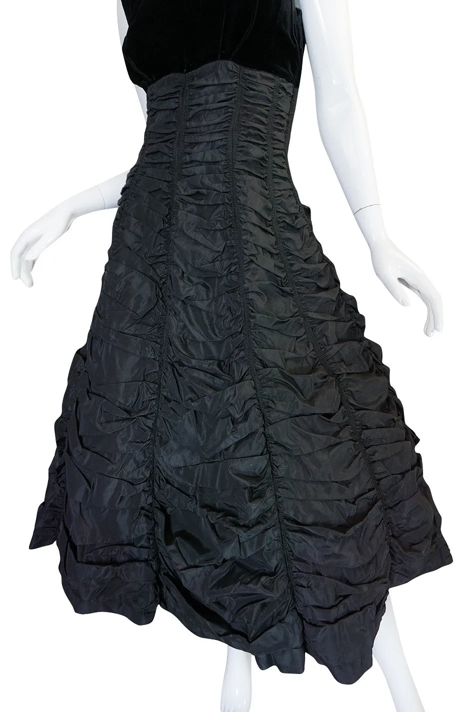 1950s Black Silk Taffeta & Velvet "Coffin Drape" Dress