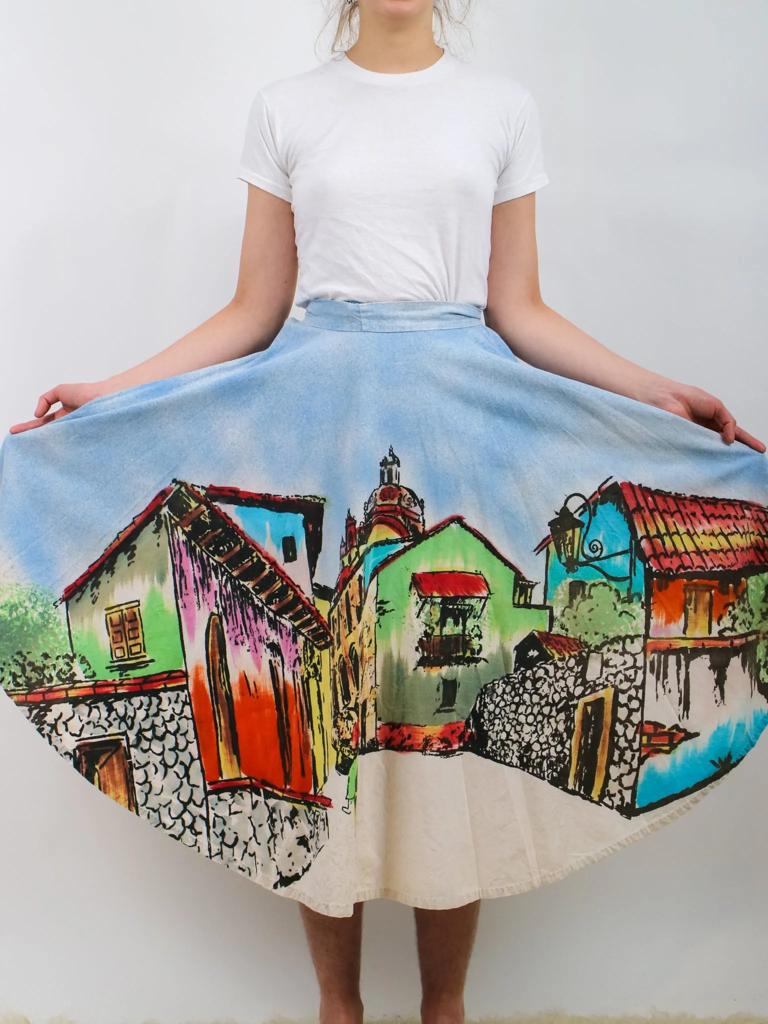 1950s Mexican Souvenir Skirt with Novelty Print Village Scene