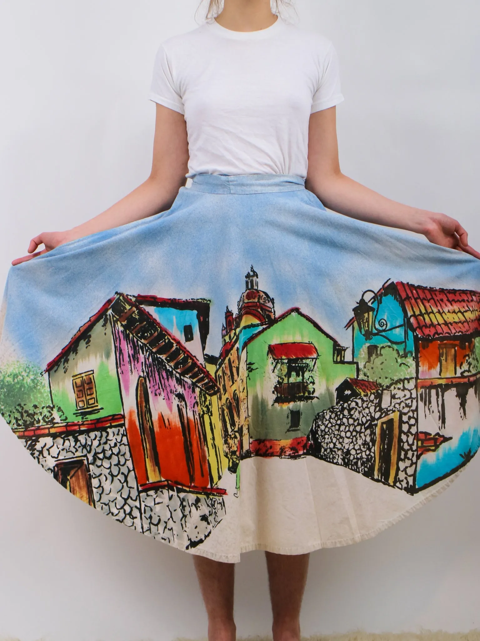 1950s Mexican Souvenir Skirt with Novelty Print Village Scene