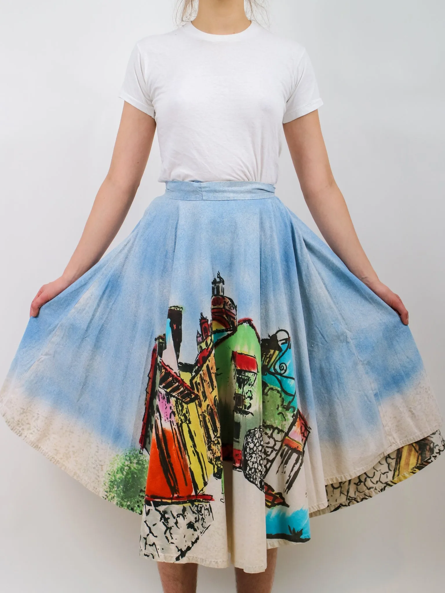 1950s Mexican Souvenir Skirt with Novelty Print Village Scene