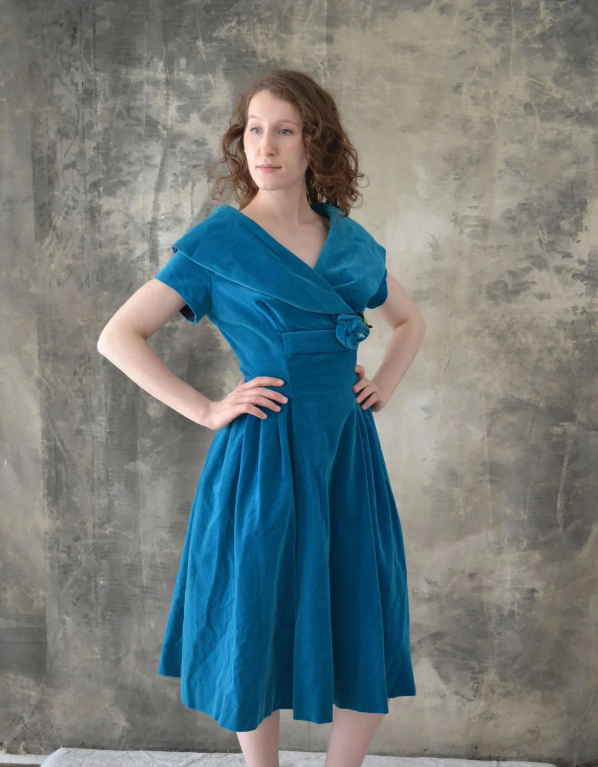 1950s Teal Velvet Dress