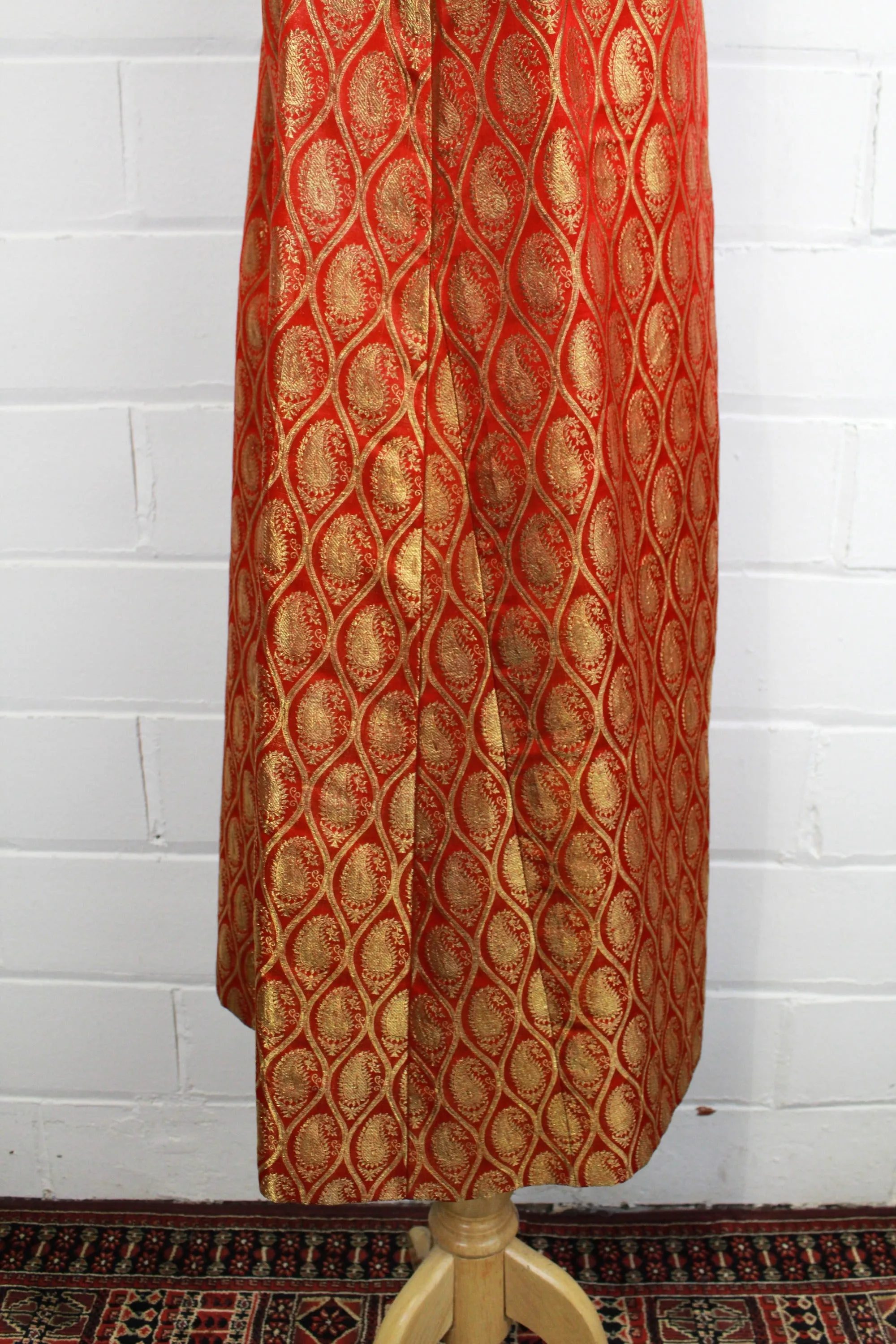 1970s Maxi Dress, Black Velvet with a Red/Gold Metallic Skirt, Medium