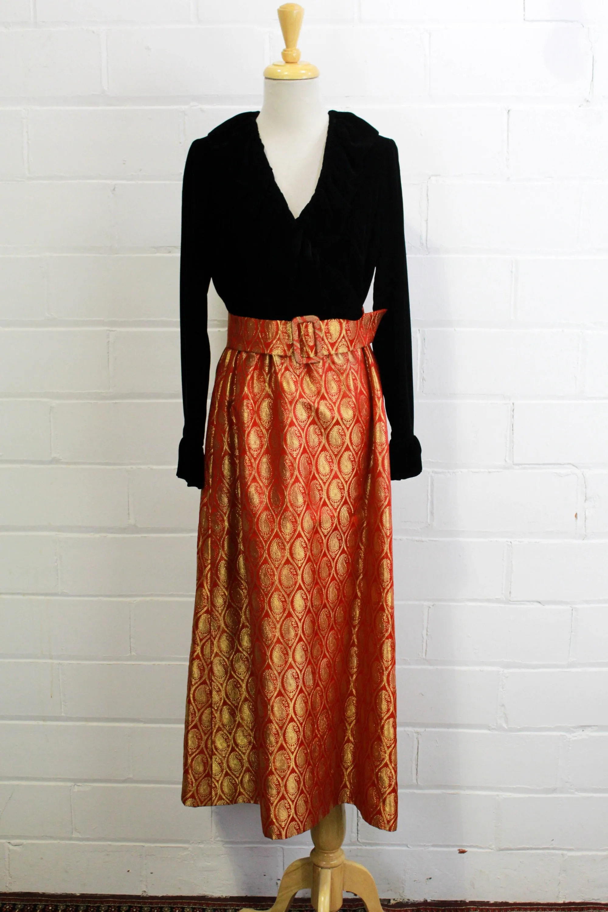 1970s Maxi Dress, Black Velvet with a Red/Gold Metallic Skirt, Medium