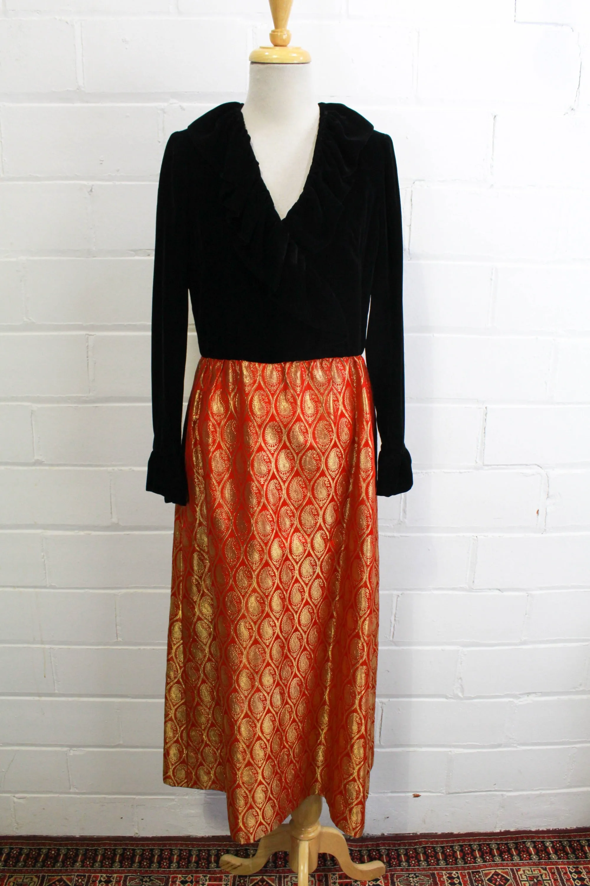 1970s Maxi Dress, Black Velvet with a Red/Gold Metallic Skirt, Medium