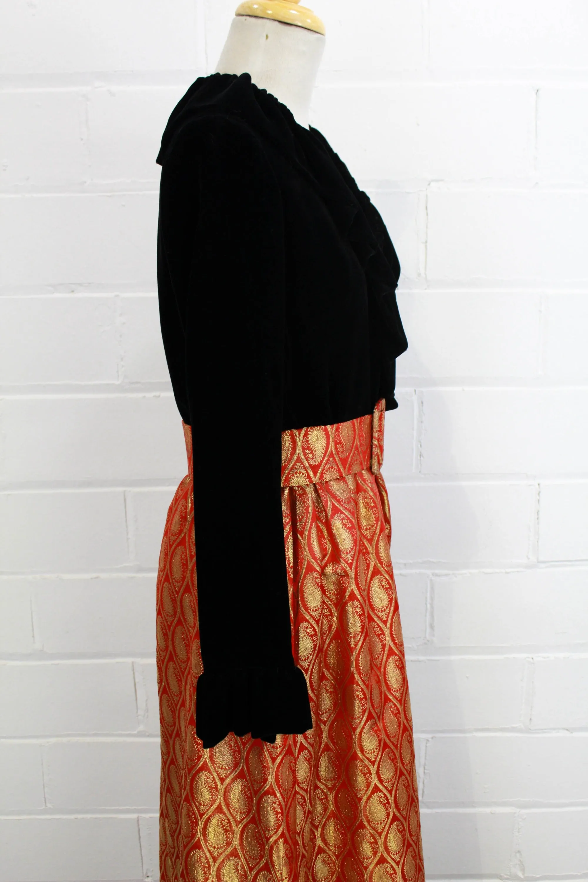 1970s Maxi Dress, Black Velvet with a Red/Gold Metallic Skirt, Medium