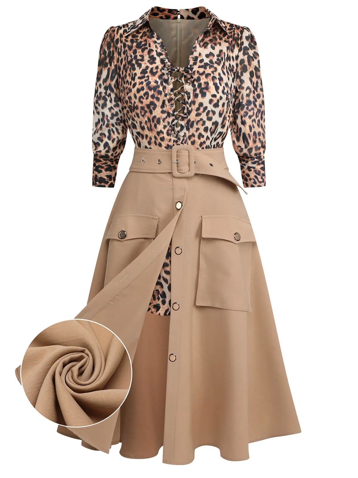 2PCS 1950s Leopard Lapel Romper & Khaki Skirt