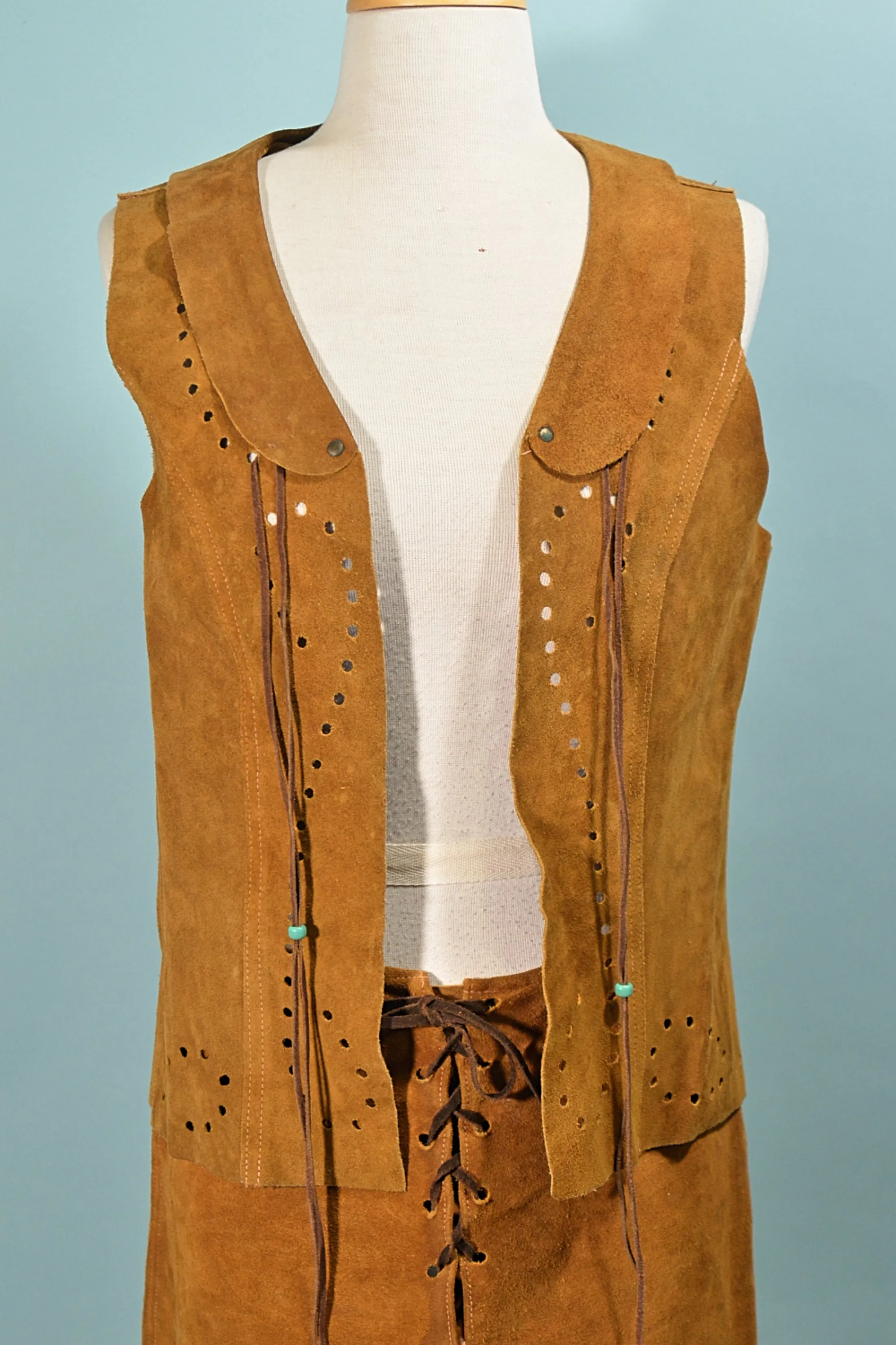 60s Suede Lace Up Skirt & Matching Vest with Beads, Hippie Boho 2 Piece Set