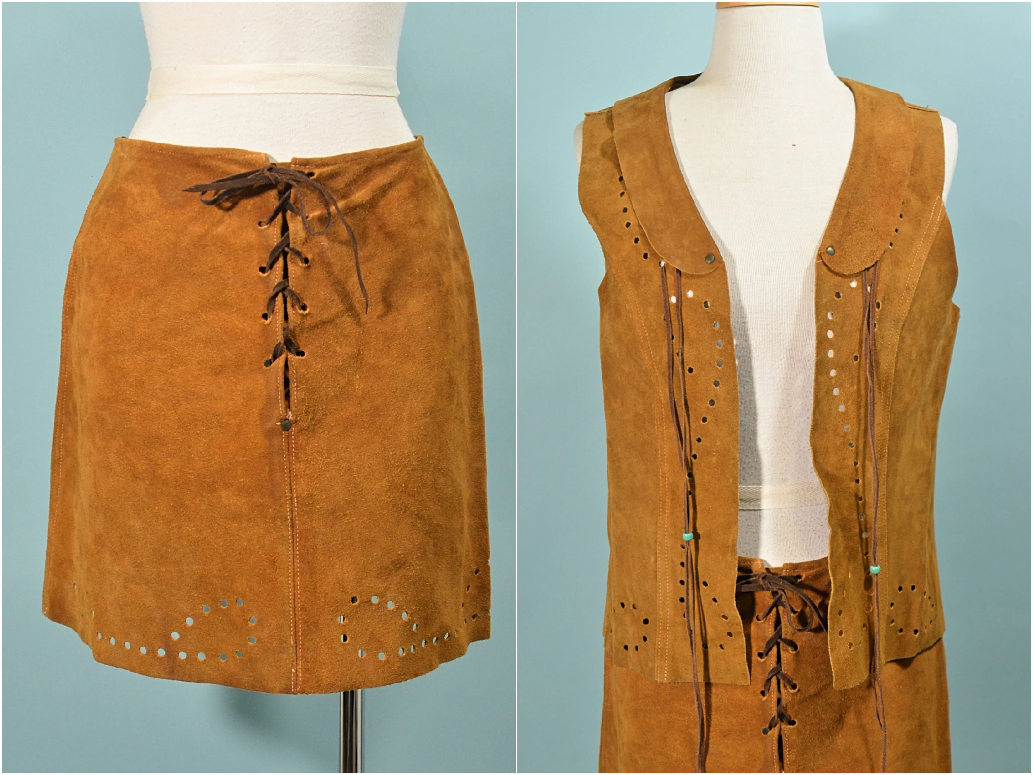 60s Suede Lace Up Skirt & Matching Vest with Beads, Hippie Boho 2 Piece Set