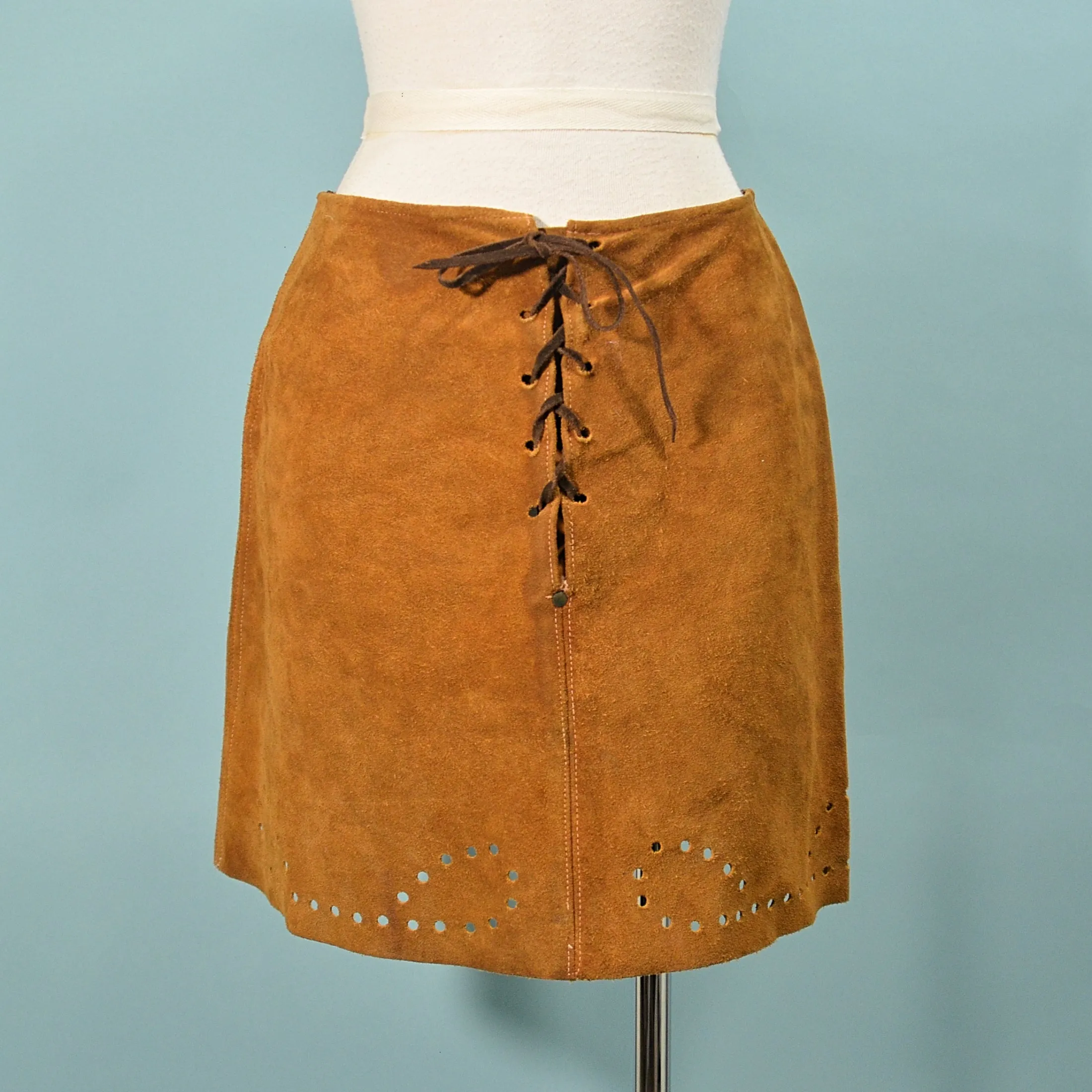 60s Suede Lace Up Skirt & Matching Vest with Beads, Hippie Boho 2 Piece Set