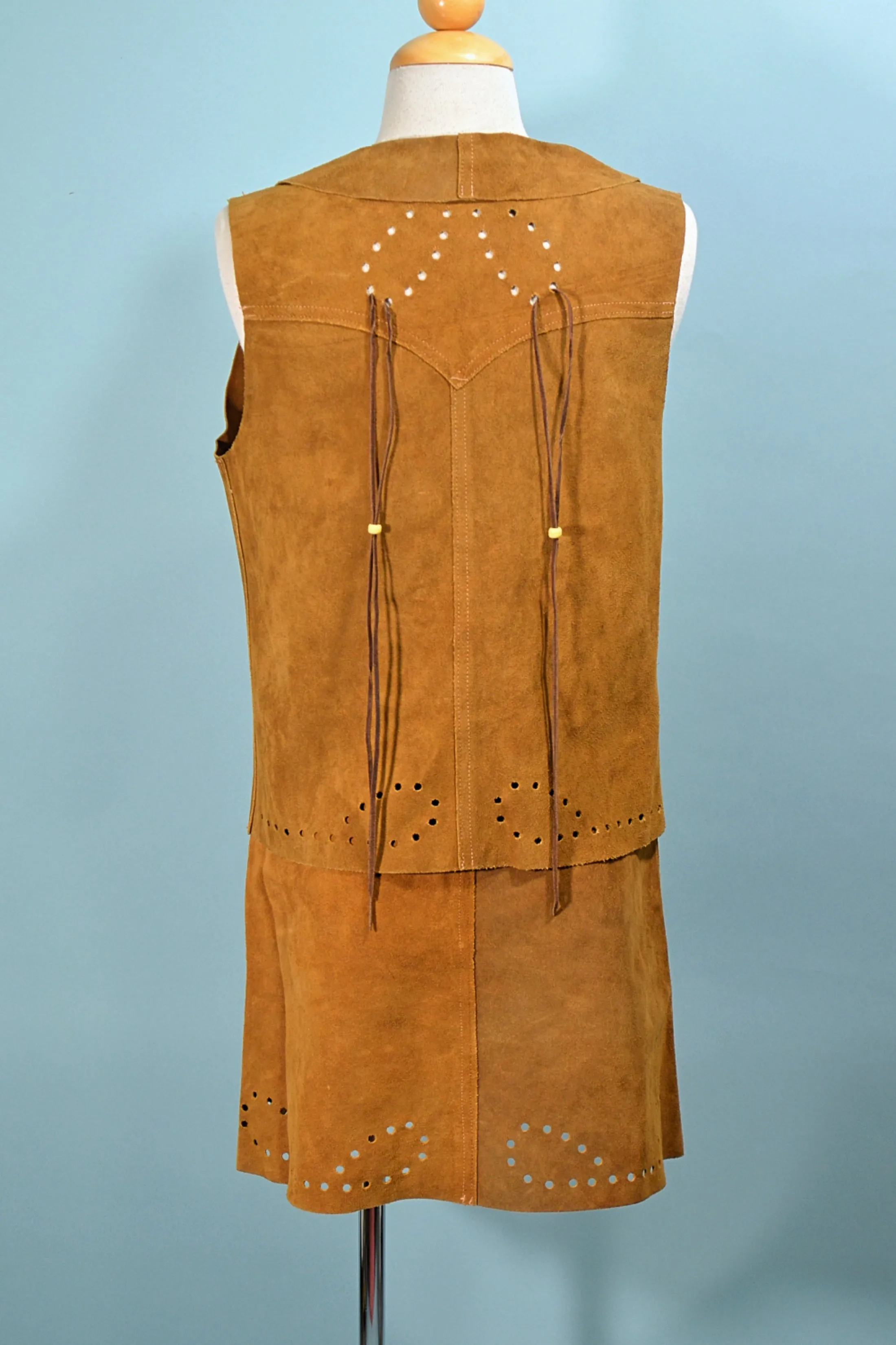 60s Suede Lace Up Skirt & Matching Vest with Beads, Hippie Boho 2 Piece Set