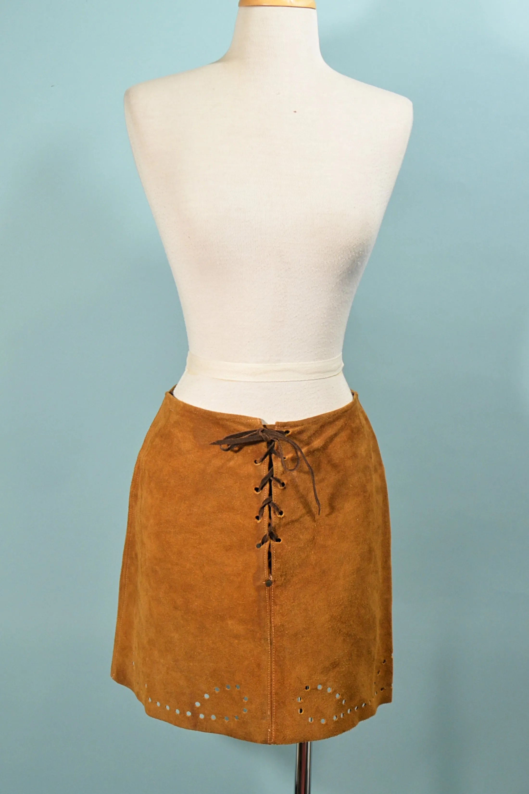 60s Suede Lace Up Skirt & Matching Vest with Beads, Hippie Boho 2 Piece Set