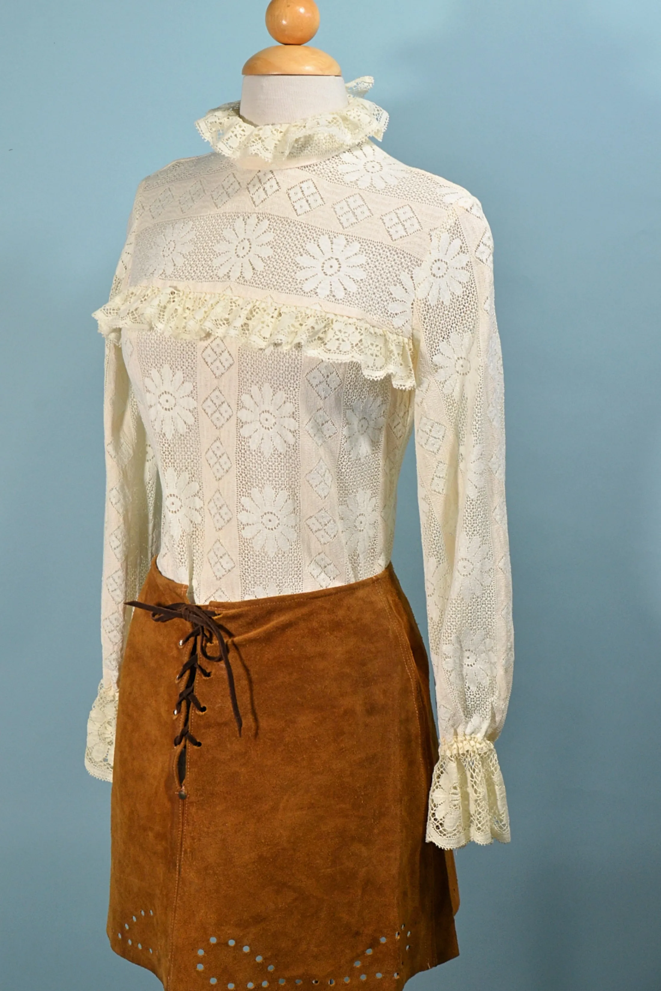 60s Suede Lace Up Skirt & Matching Vest with Beads, Hippie Boho 2 Piece Set