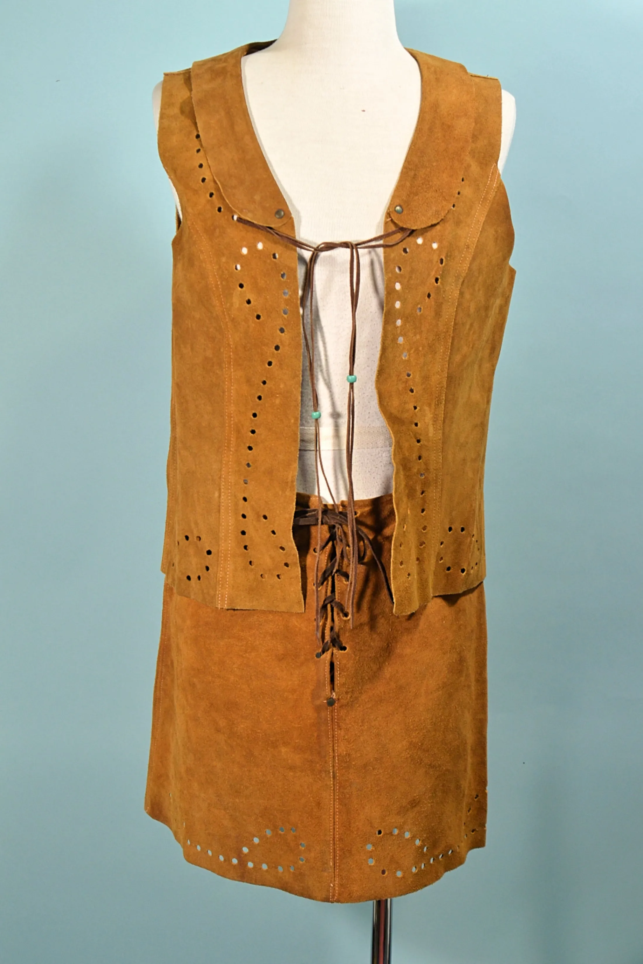 60s Suede Lace Up Skirt & Matching Vest with Beads, Hippie Boho 2 Piece Set