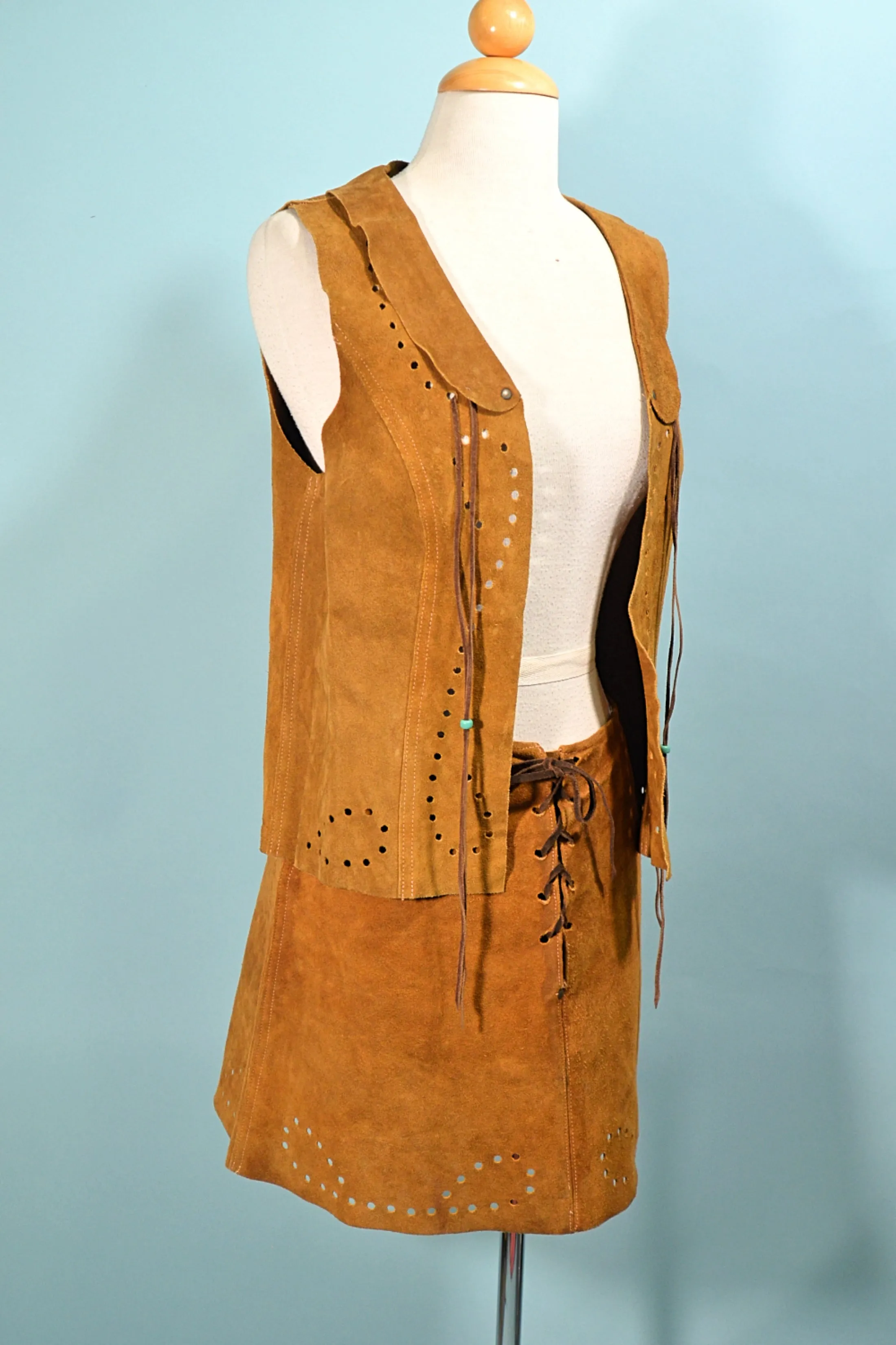 60s Suede Lace Up Skirt & Matching Vest with Beads, Hippie Boho 2 Piece Set