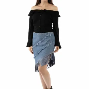 Asymmetrical Fringe Bottom Denim Skirt by Scully at Bourbon Cowgirl