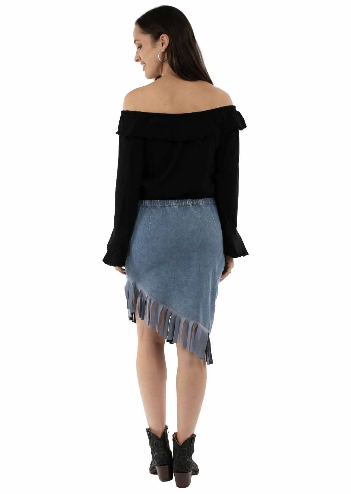 Asymmetrical Fringe Bottom Denim Skirt by Scully at Bourbon Cowgirl