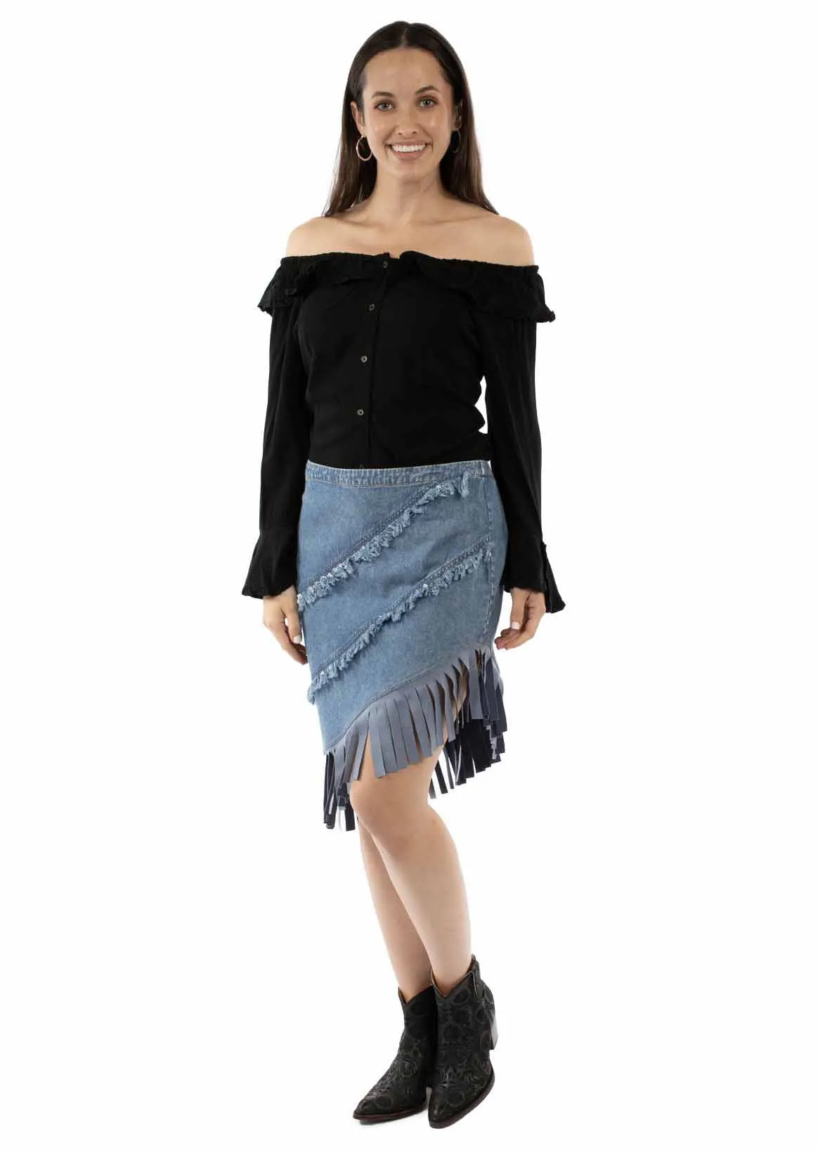 Asymmetrical Fringe Bottom Denim Skirt by Scully at Bourbon Cowgirl