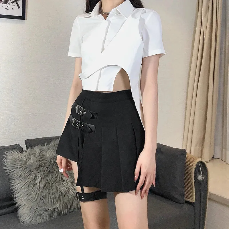 Asymmetrical Punk Style Black Pleated Skirt Buckle Summer High Waist Skirt Women Gothic Clothes Mini Skirts Party Hot