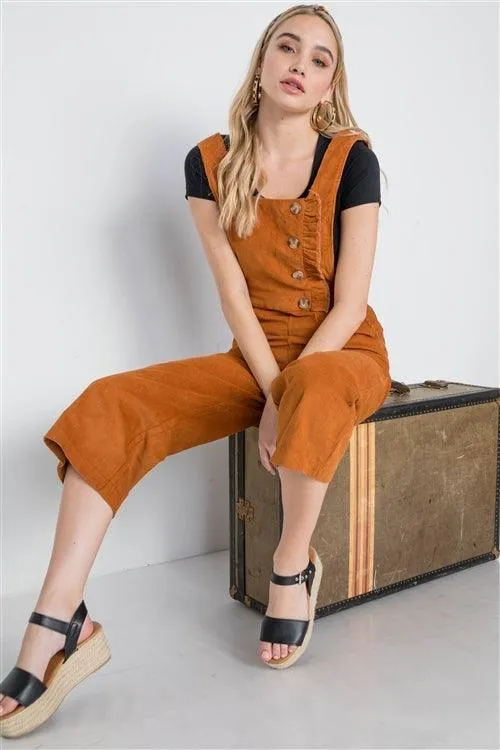 Black Corduroy Button Front Ankle Length Overall Jumpsuit /2-2-2