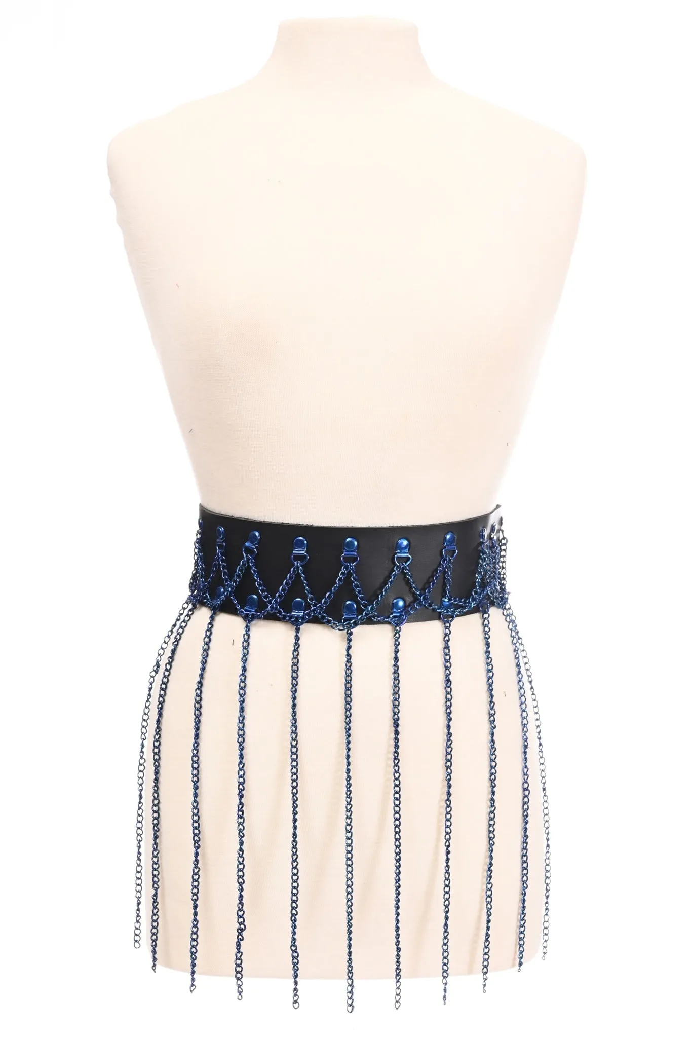 Black Faux Leather & Blue Metallic Chain Fringe Skirt