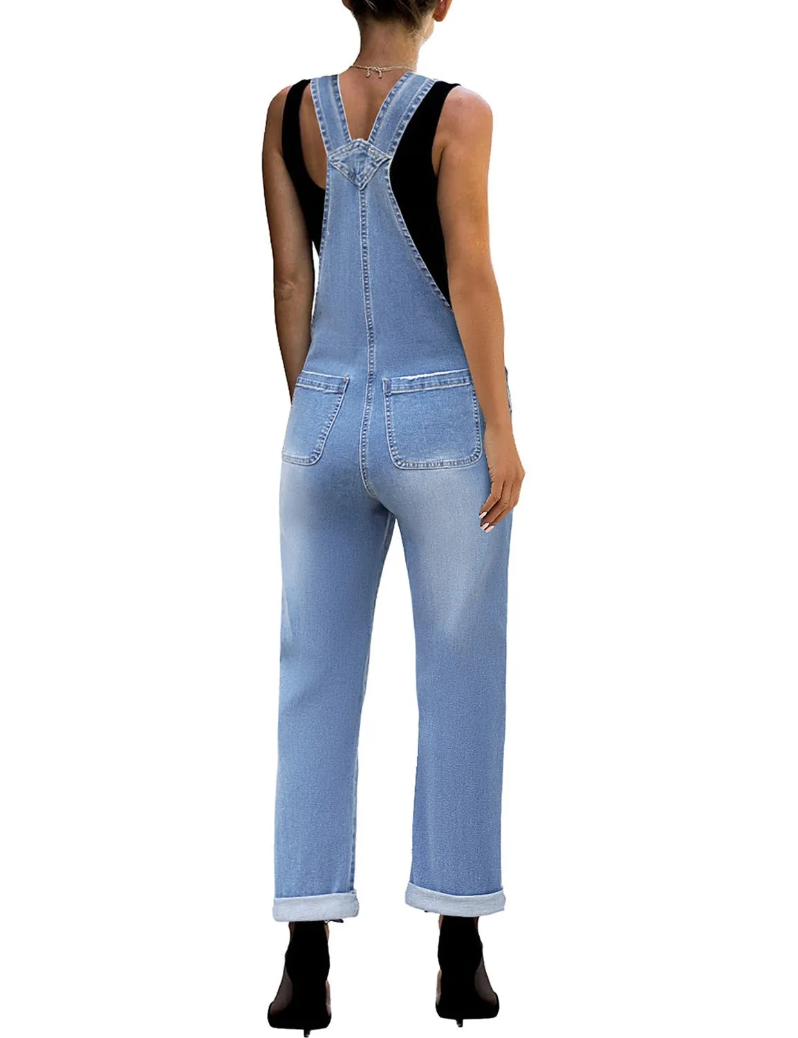 Blue Cuffed Hem Ripped Bib Denim Overall Jumpsuit