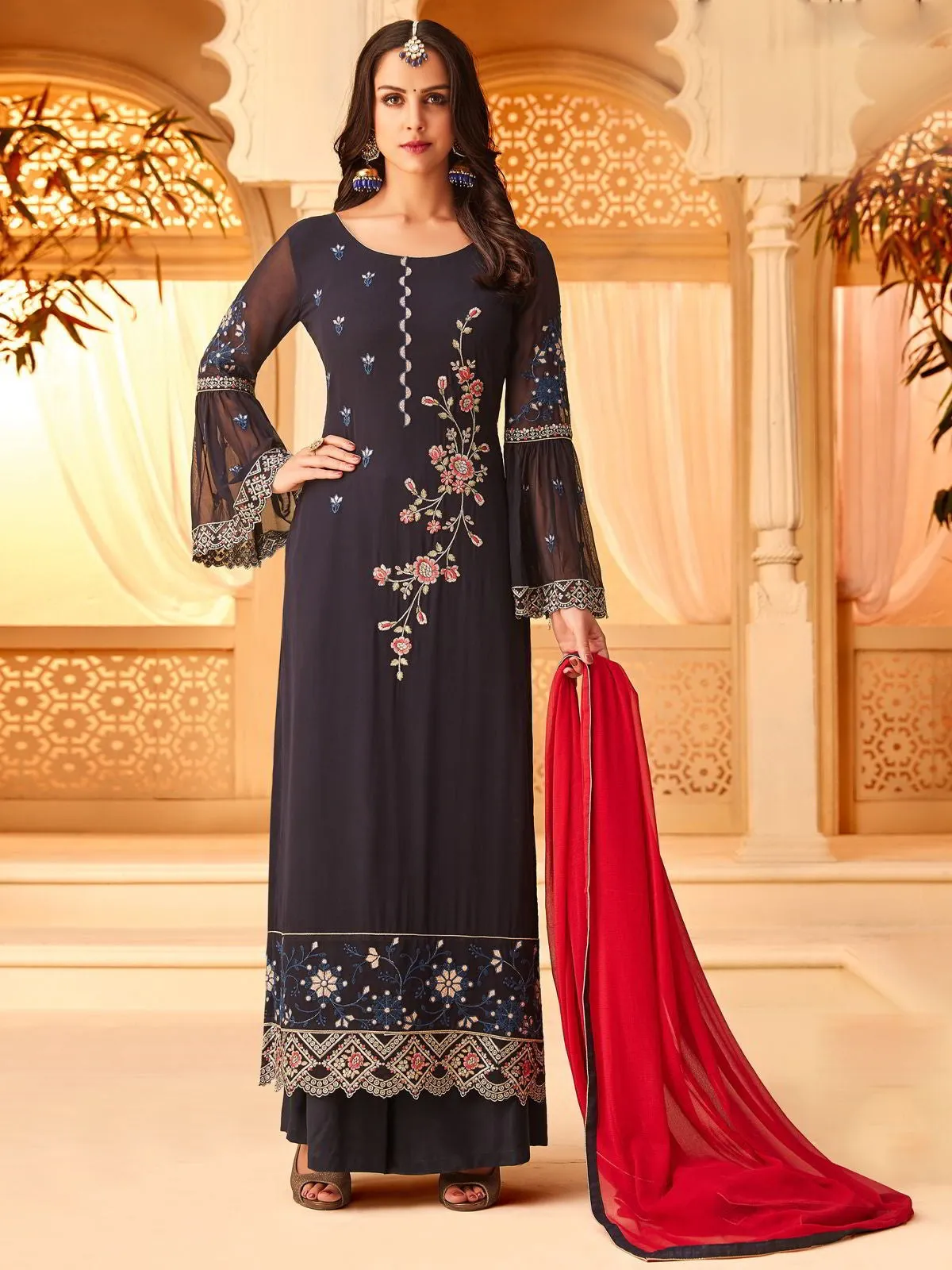 Blue Overall Multi Embroidered Designer Palazzo Suit