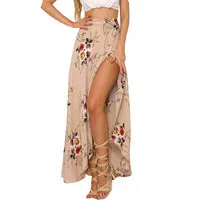 Boho Vintage Pink Floral Print Side Slit Wrap Skirt