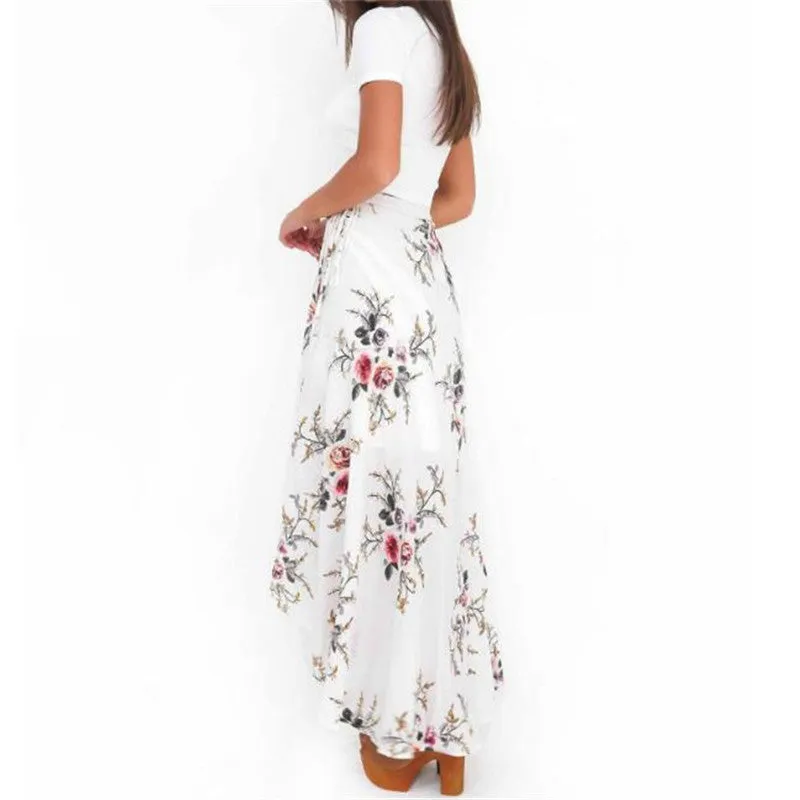 Boho Vintage Pink Floral Print Side Slit Wrap Skirt