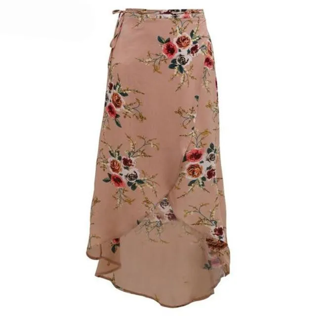 Boho Vintage Pink Floral Print Side Slit Wrap Skirt