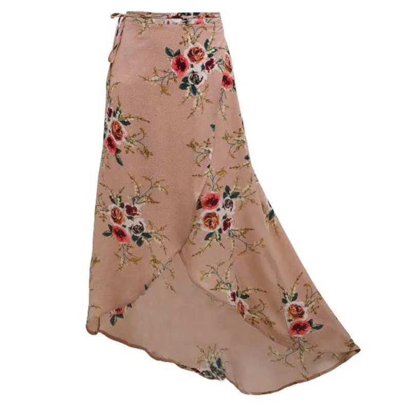 Boho Vintage Pink Floral Print Side Slit Wrap Skirt