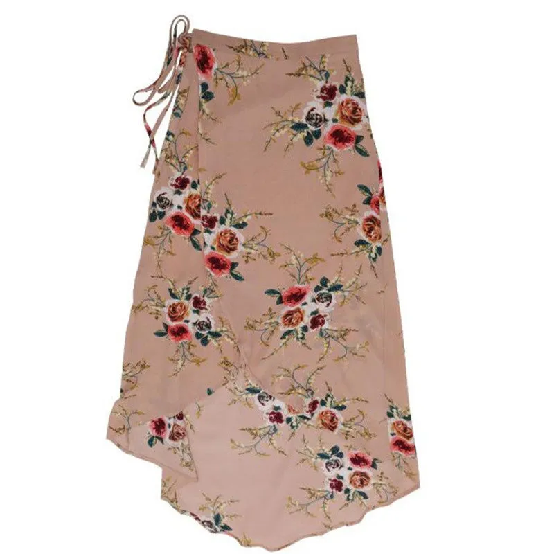 Boho Vintage Pink Floral Print Side Slit Wrap Skirt