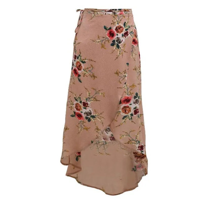 Boho Vintage Pink Floral Print Side Slit Wrap Skirt