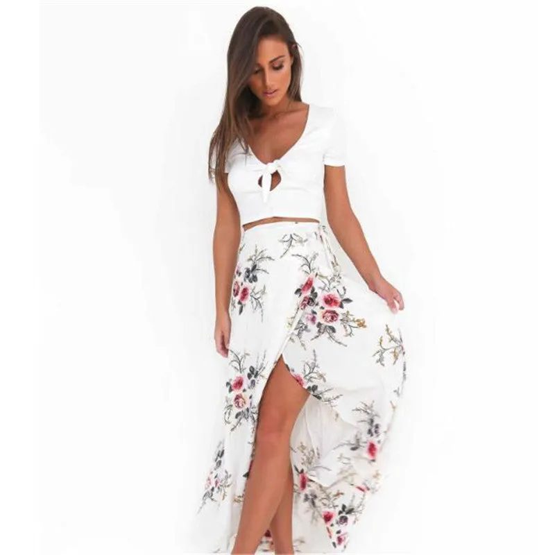 Boho Vintage Pink Floral Print Side Slit Wrap Skirt