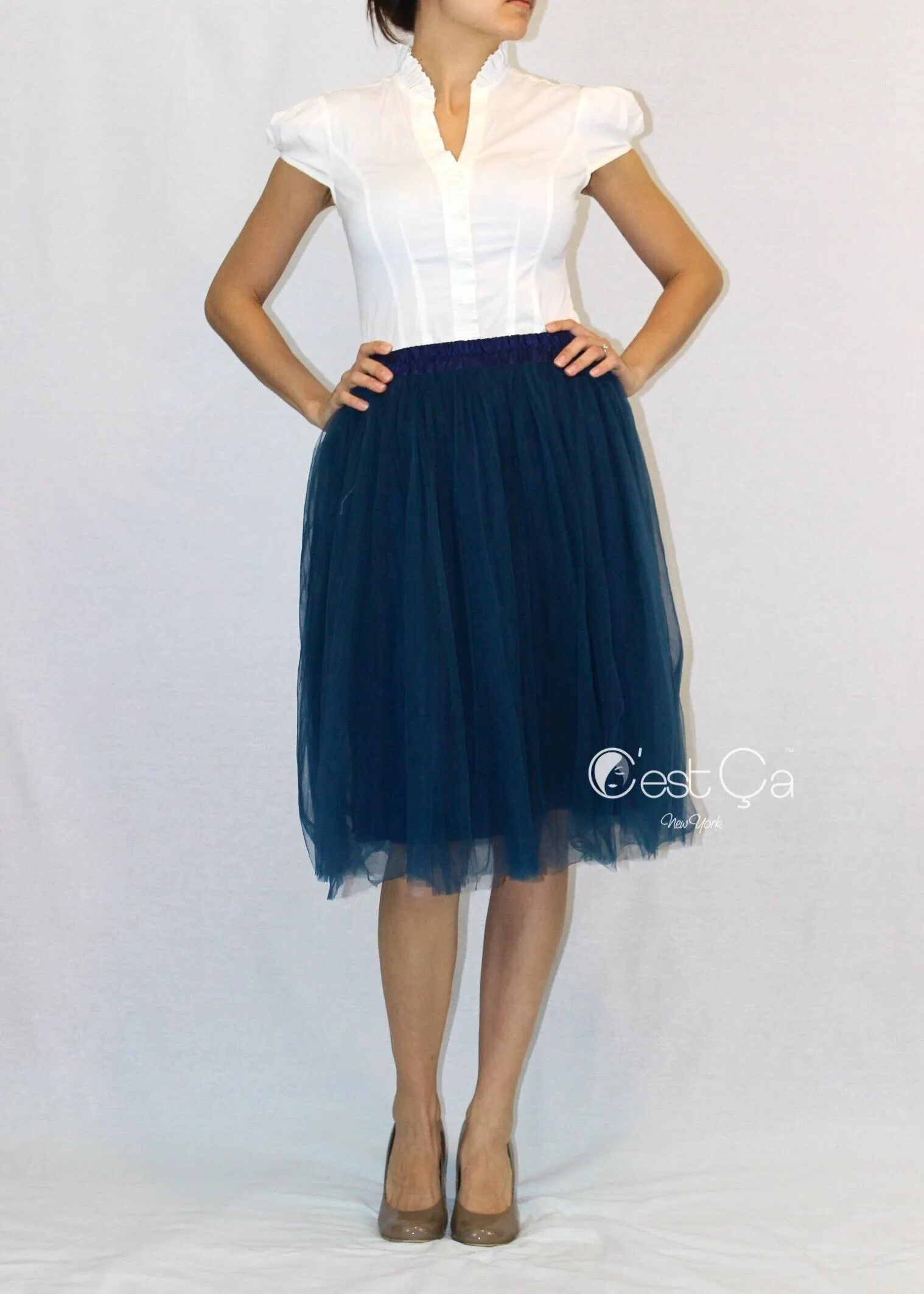 Claire Navy Blue Soft Tulle Skirt - Below Knee Midi