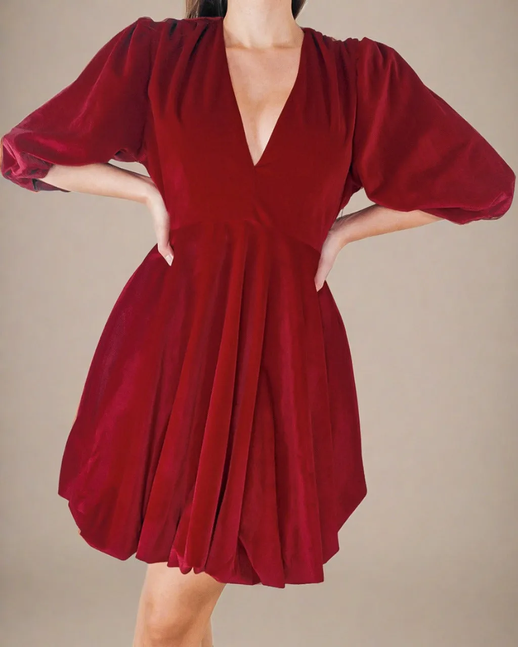 Clara Red Party Dress - Red Velvet Dress with Balloon Sleeves