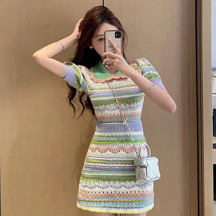 Colorblock Hollow Out Doll Collar T-shirt Skirt Two Piece Set