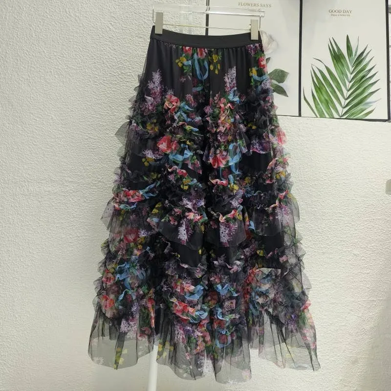 Colorful Floral Mesh Skirt