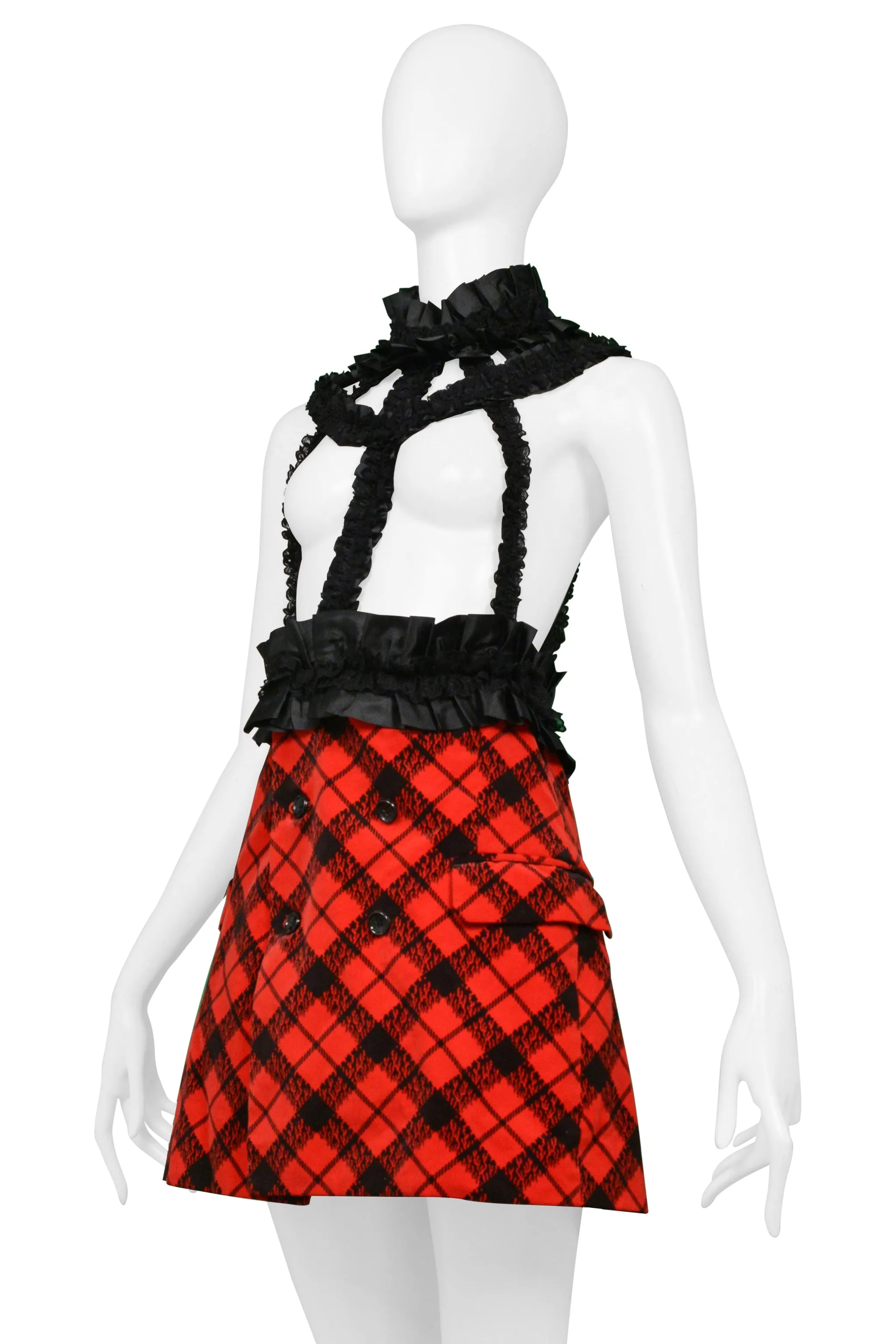 COMME DES GARCONS RED VELVET & BLACK PLAID MINI DRESS WITH RIBBON BRACES 2008