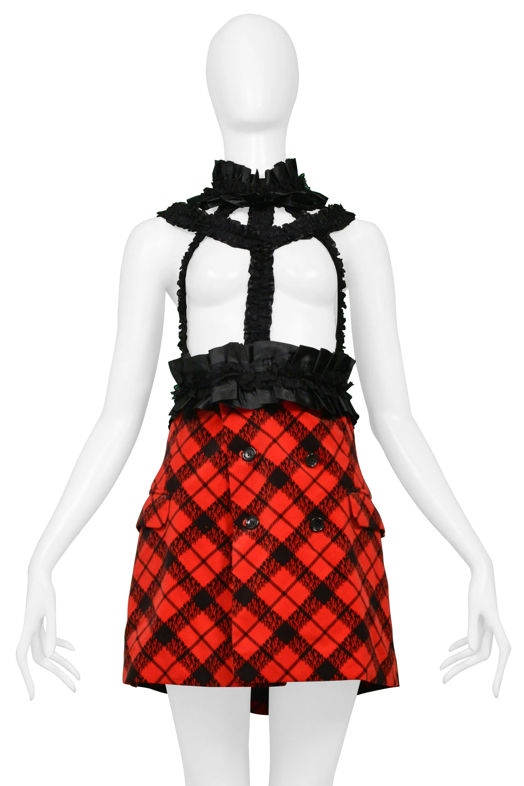 COMME DES GARCONS RED VELVET & BLACK PLAID MINI DRESS WITH RIBBON BRACES 2008