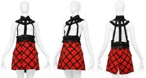 COMME DES GARCONS RED VELVET & BLACK PLAID MINI DRESS WITH RIBBON BRACES 2008