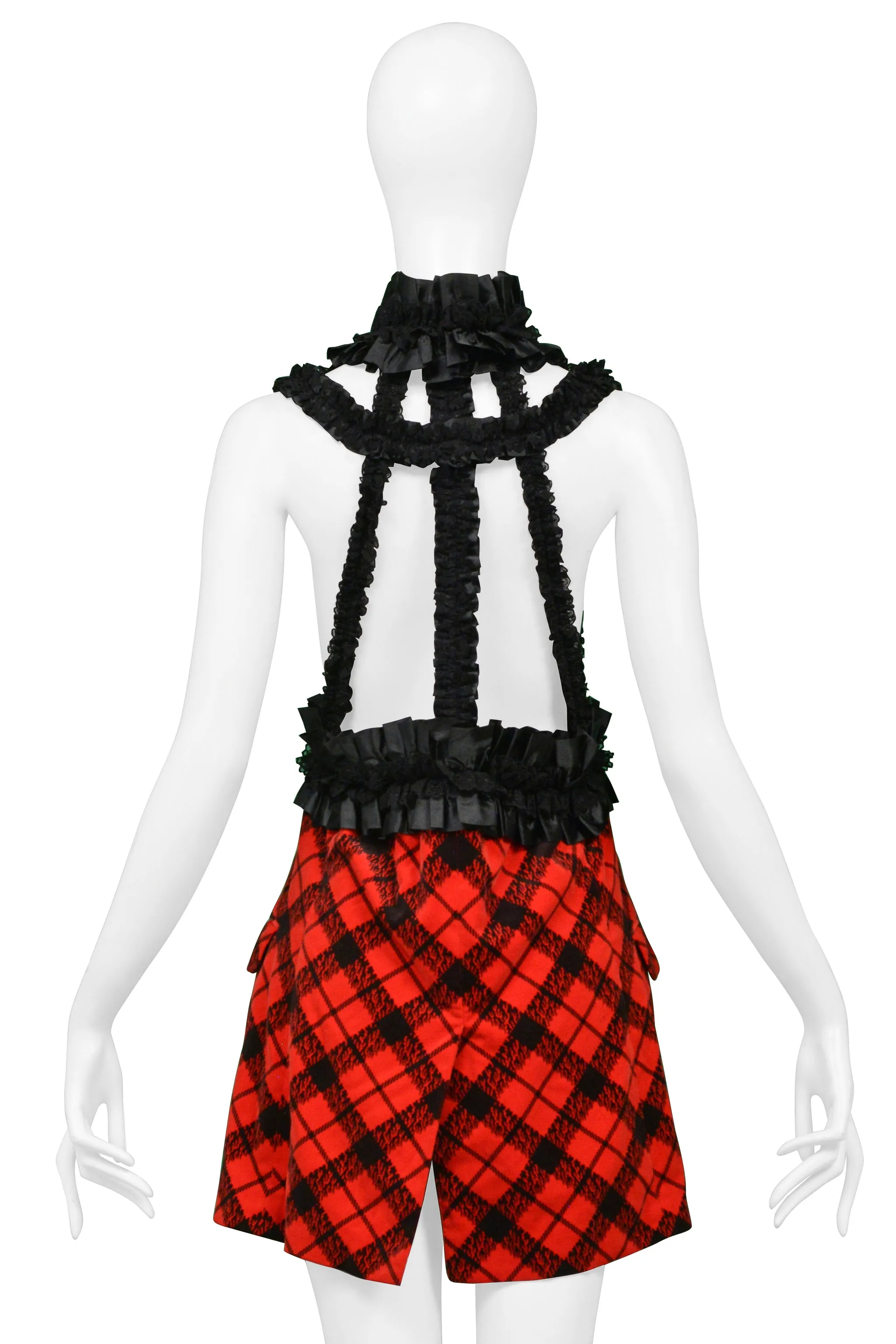 COMME DES GARCONS RED VELVET & BLACK PLAID MINI DRESS WITH RIBBON BRACES 2008