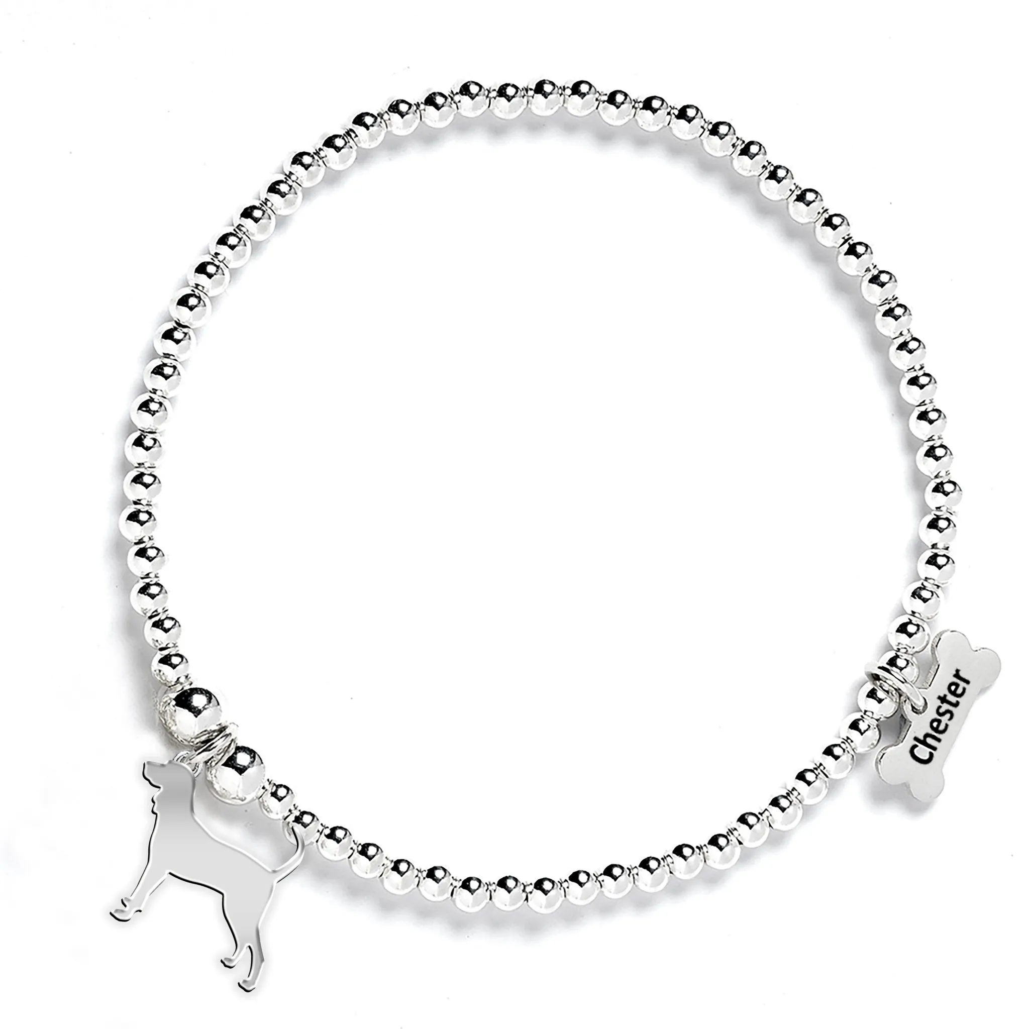 Coonhound Silhouette Silver Ball Bead Bracelet - Personalised