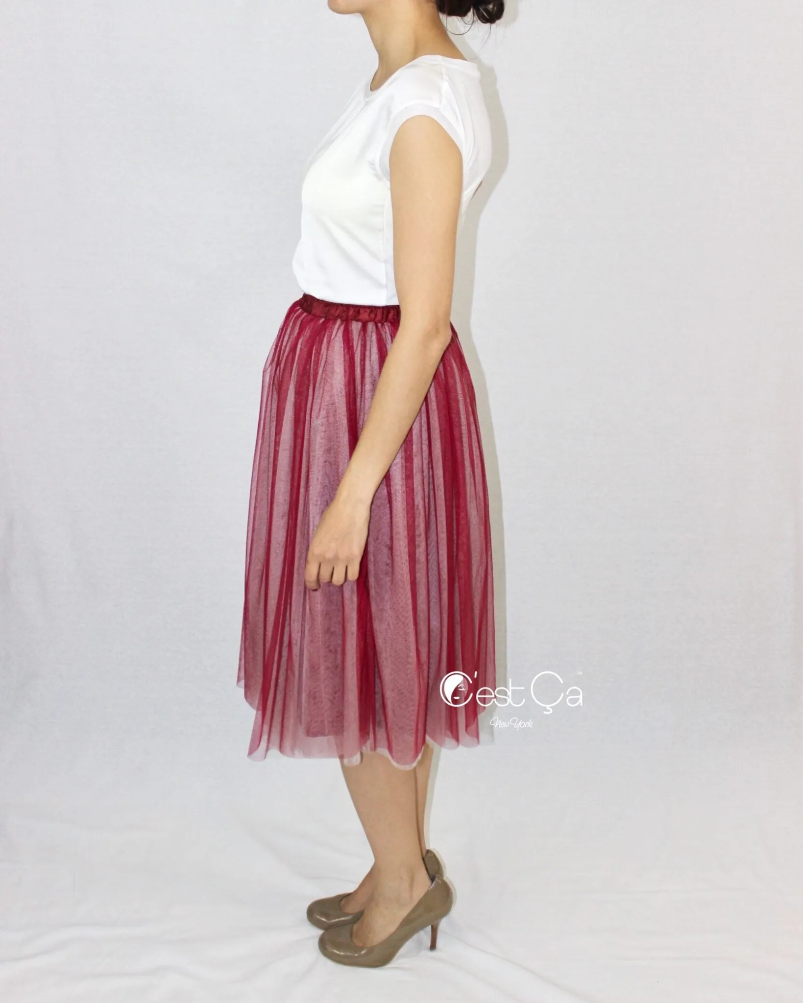 Corinne Ombre Burgundy Soft Tulle Skirt - Below Knee