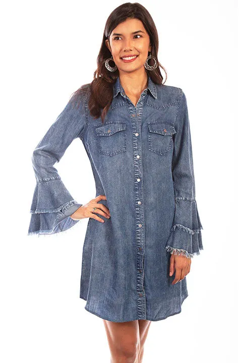 Denim Western Dress with Ruffled Cuffs for Country Girls at Bourbon Cowgirl