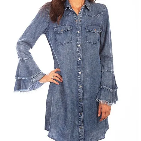 Denim Western Dress with Ruffled Cuffs for Country Girls at Bourbon Cowgirl