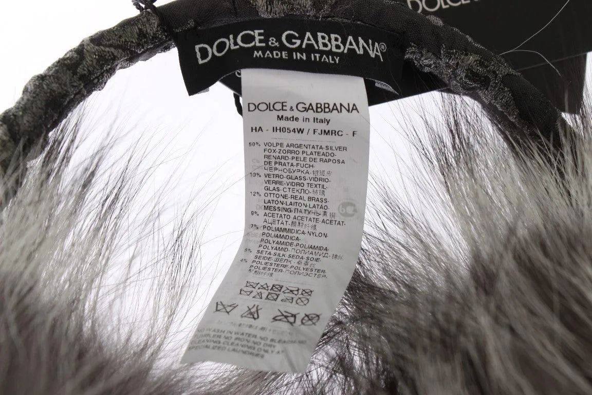 Dolce & Gabbana Gray Fox Fur Crystal Ear Muffs