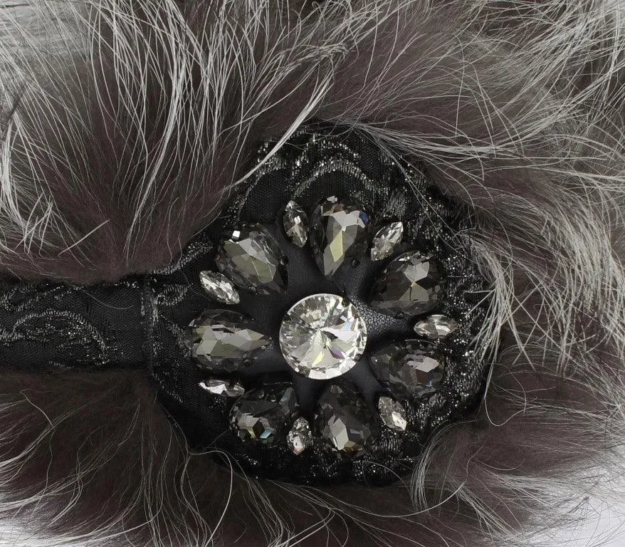 Dolce & Gabbana Gray Fox Fur Crystal Ear Muffs